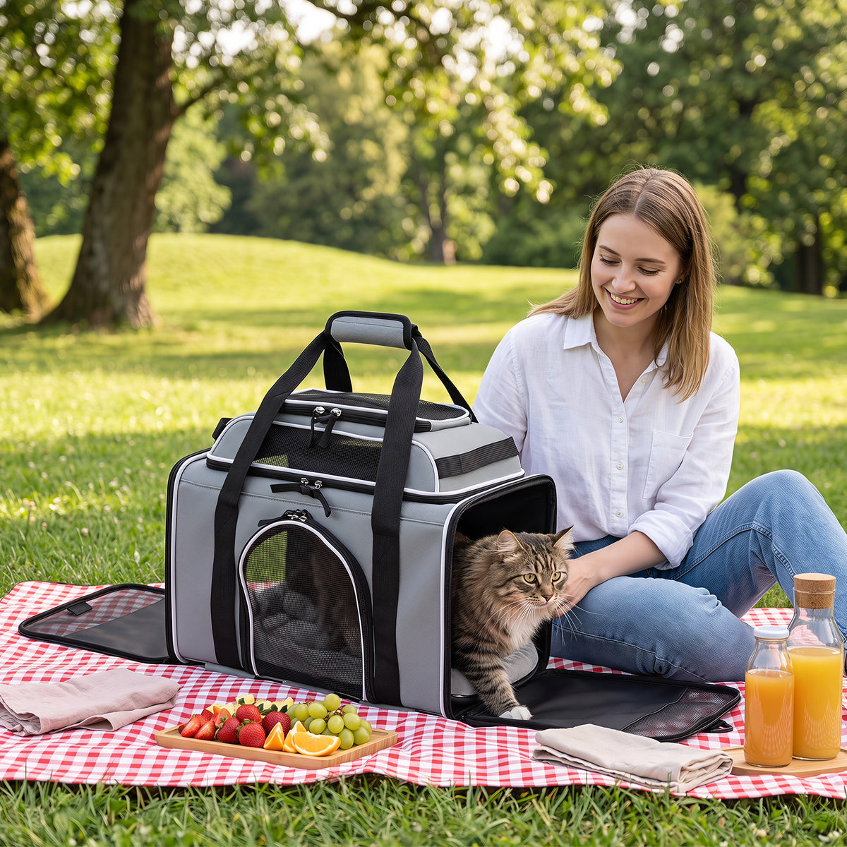 This grey pet carrier is shown on a picnic blanket with a cat peeking out