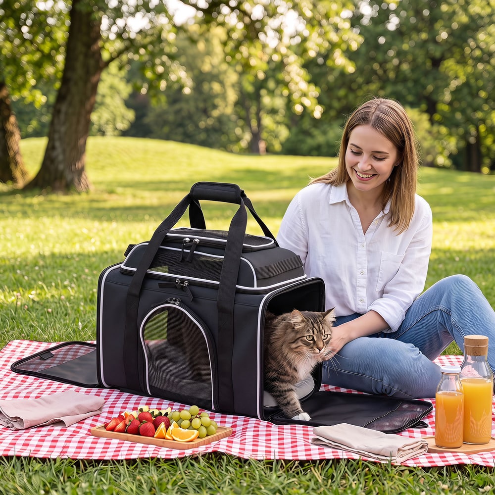 A woman sits on a picnic blanket in a park with a cat looking out of the carrier