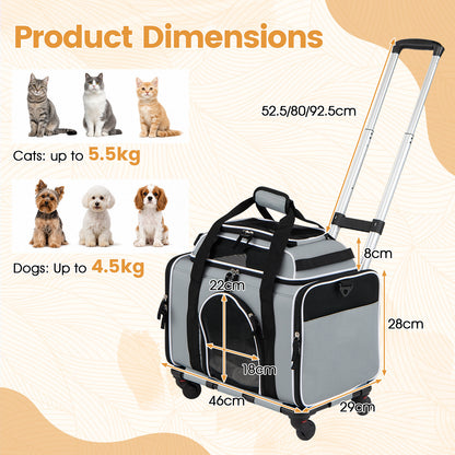 Dimensions diagram for the grey pet carrier showing maximum weights for cats and dogs