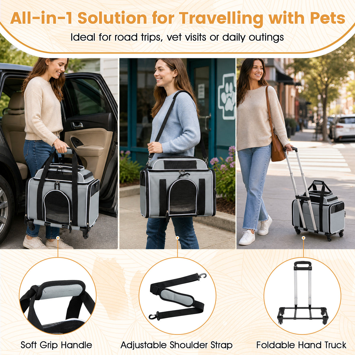 Three ways to use the grey pet carrier: by hand, shoulder strap, or rolling with handle