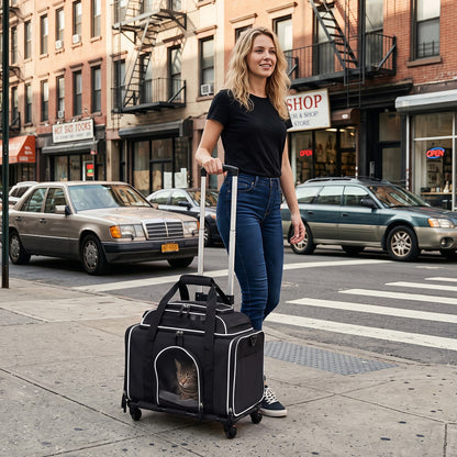 A woman pulls the rolling pet carrier with a cat inside along a city sidewalk