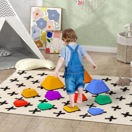 A young child balancing on the colourful stepping stones spread across a patterned rug
