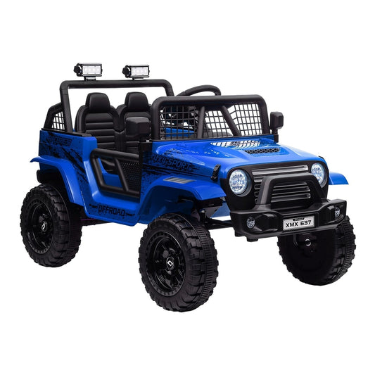 AIYAPLAY 12V Battery Powered Kids Ride-On Car in bright blue with black wheels and roll cage