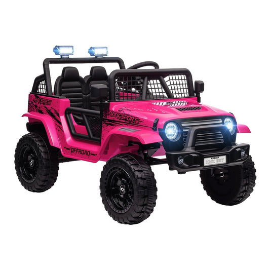 AIYAPLAY 12V Battery Powered Kids Ride-On Car in bright pink with black accents and off-road detailing