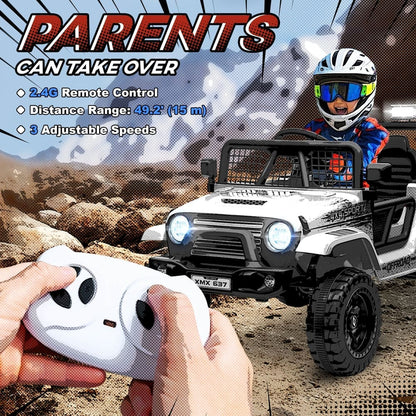 A hand holds a remote control for the white kids electric truck, showing parental override