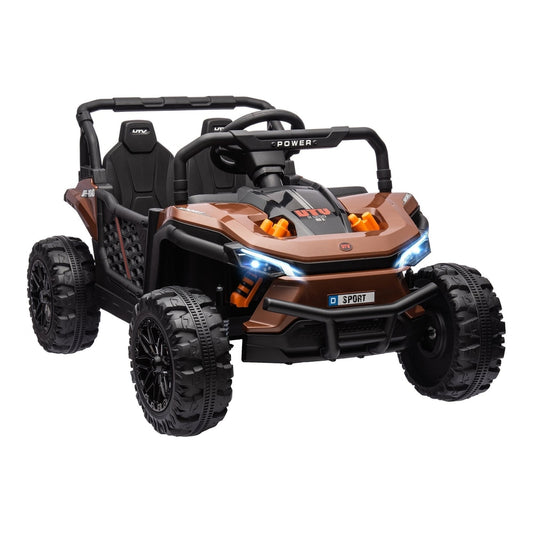 AIYAPLAY 12V Battery Powered Ride on Truck w/ Remote, a brown ride-on truck with two seats and large wheels