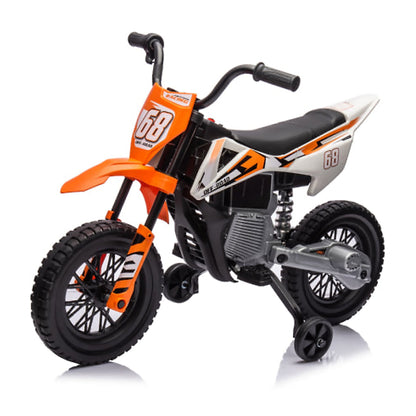 AIYAPLAY 12V Kids Electric Motorbike in orange with black wheels and training wheels