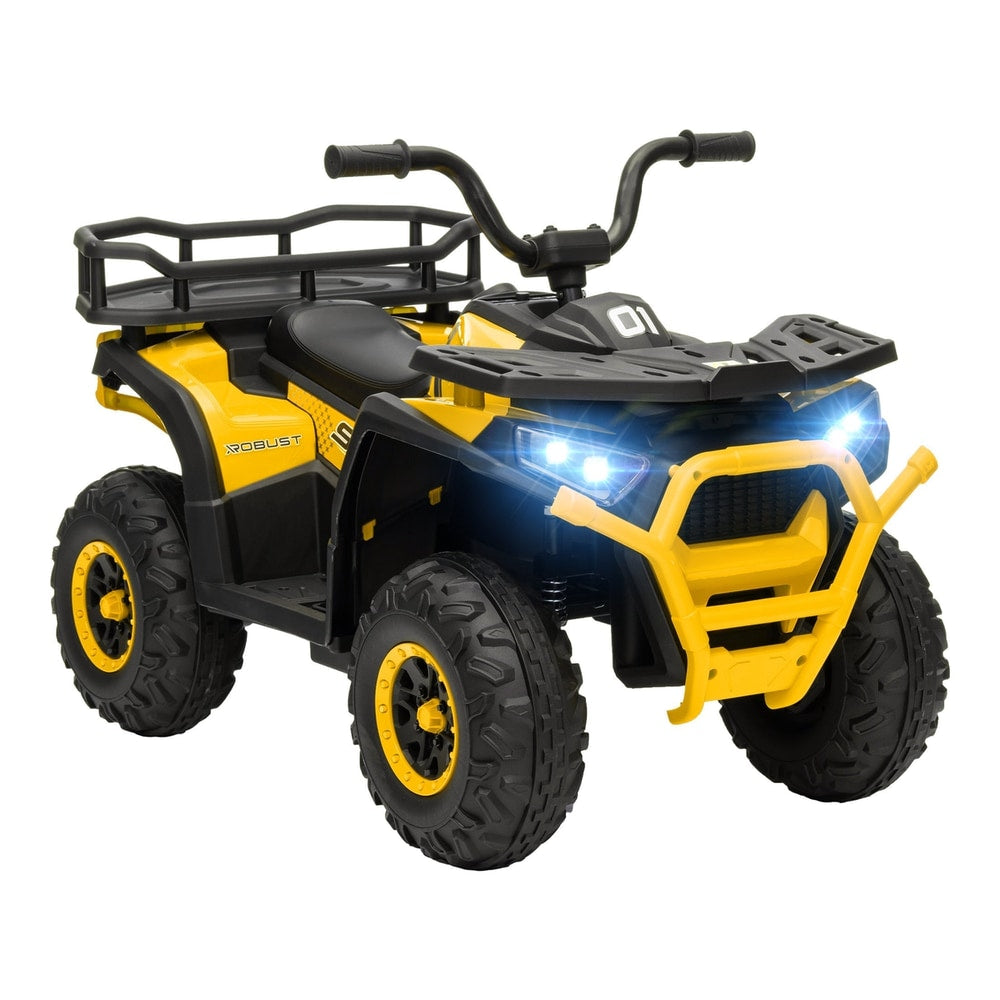 AIYAPLAY 12V Kids Electric Ride on ATV in yellow with black accents and bright front headlights