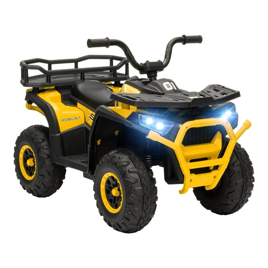 AIYAPLAY 12V Kids Electric Ride on ATV in yellow with black accents and bright front headlights