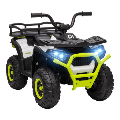 AIYAPLAY 12V Kids Electric Ride on ATV in green and white with bright headlights and a storage basket