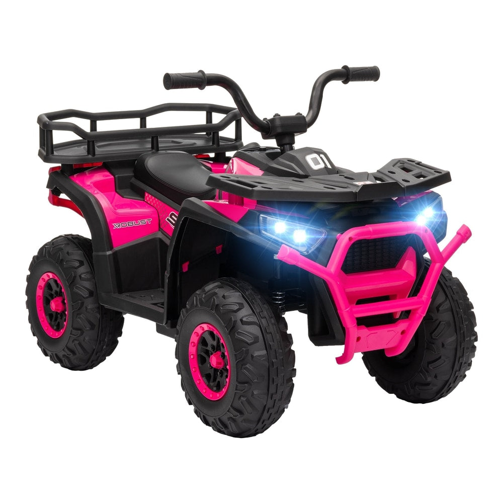 AIYAPLAY 12V Kids Electric Ride on ATV in pink with black accents and glowing front headlights