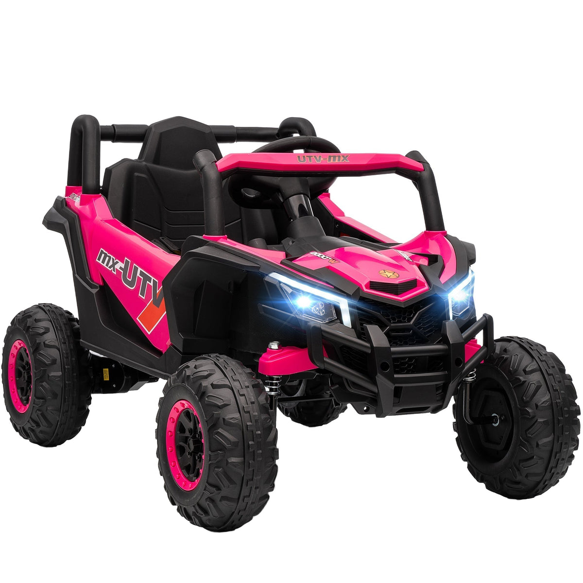 AIYAPLAY 12V Kids Ride On Car with Remote Control in bright pink with black accents and LED lights