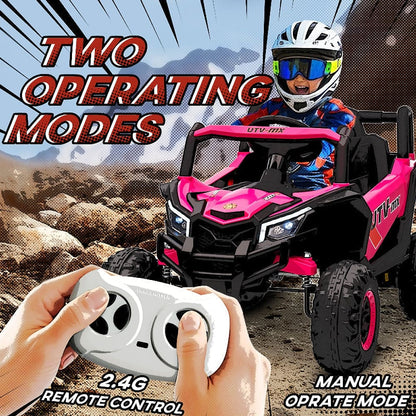 Child in a pink and black toy off-road vehicle with remote control, on a rocky terrain.