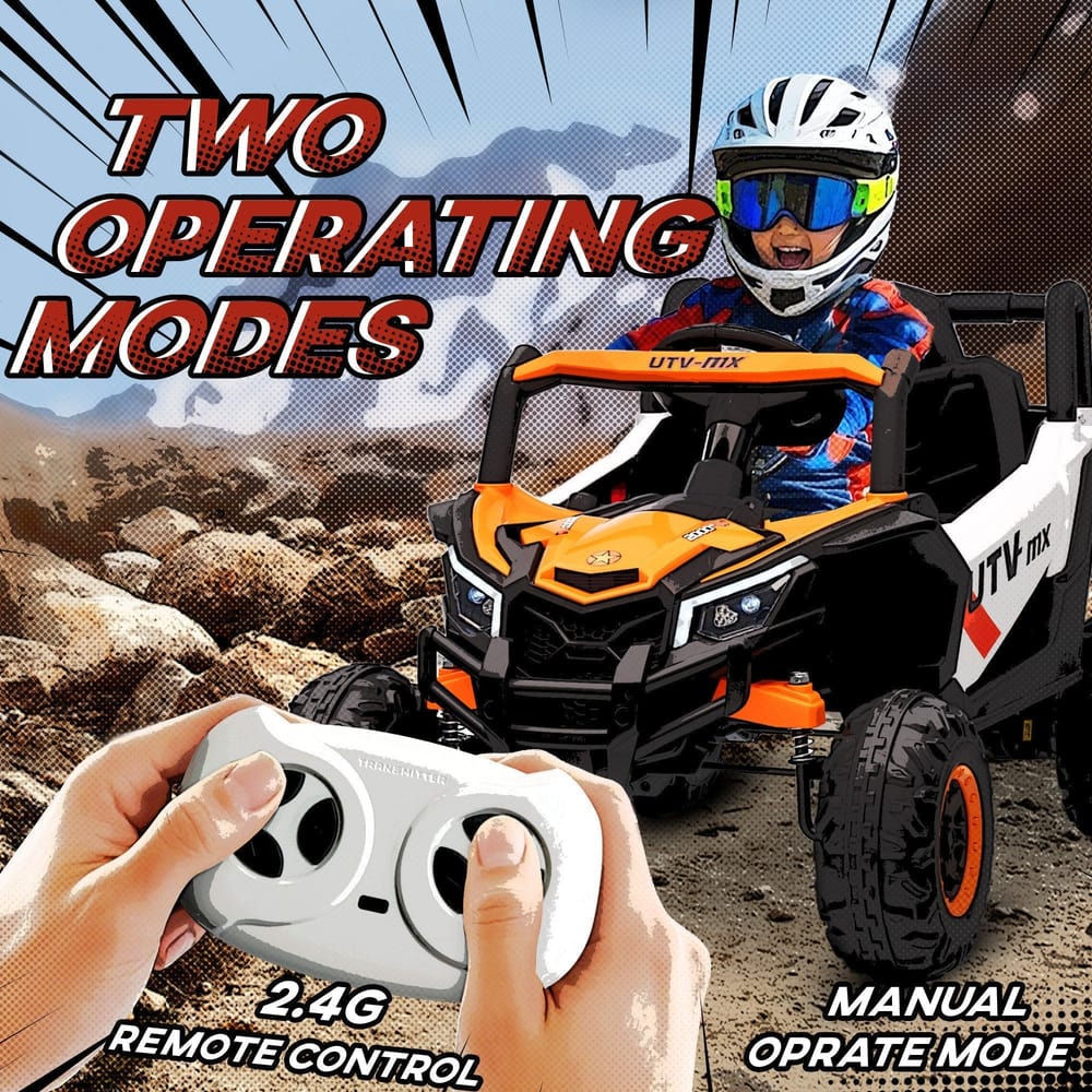Hands holding the remote control for the orange and white kids electric car
