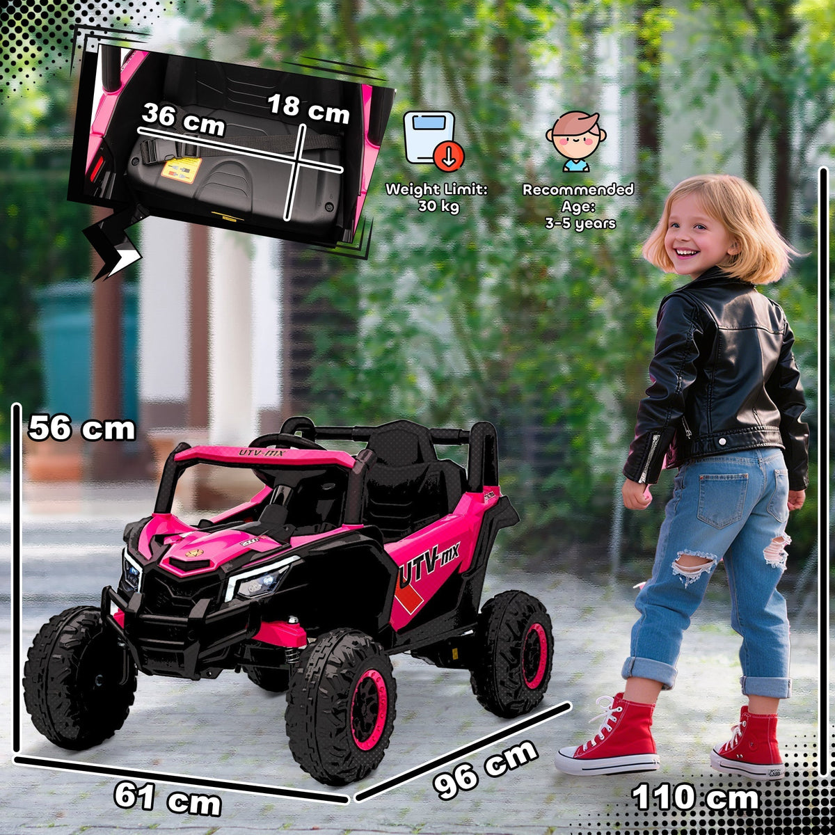 The ride-on car shown with dimensions and a young girl standing next to it for scale