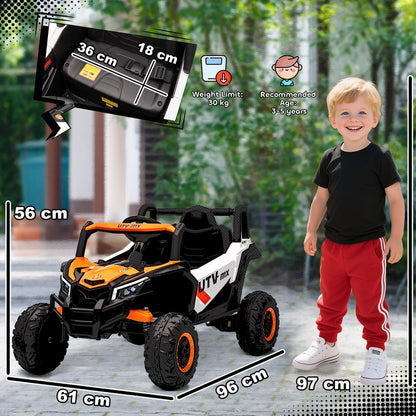 Orange and white kids electric car with dimensions shown and a small child standing next to it