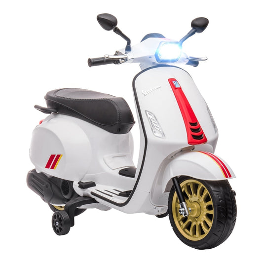 AIYAPLAY 12V Vespa Licensed Kids Electric Motorbike w/ Music in white with gold wheels and headlights