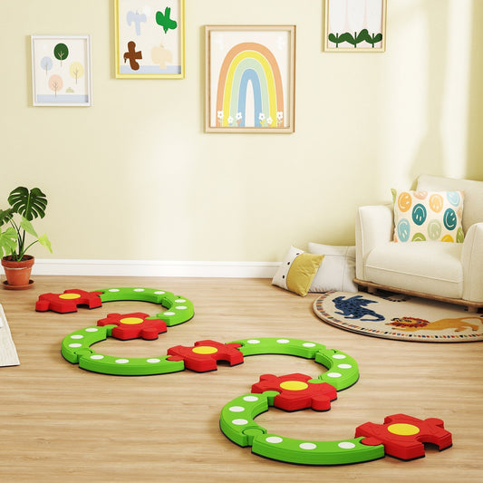 Kids balance beam stepping stones set arranged in a wavy line on a living room floor