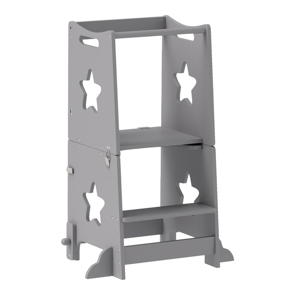 AIYAPLAY 2-in-1 Toddler Step Stool with safety rail in grey, a two-tier step stool with star cutouts