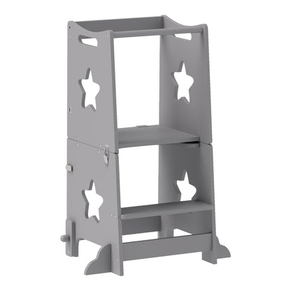 AIYAPLAY 2-in-1 Toddler Step Stool with safety rail in grey, a two-tier step stool with star cutouts