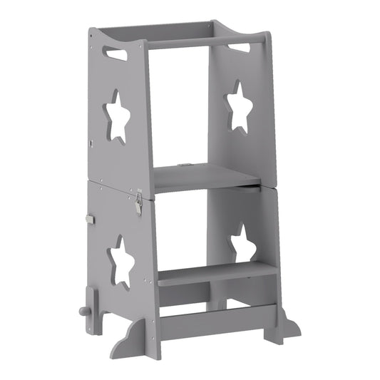 AIYAPLAY 2-in-1 Toddler Step Stool with safety rail in grey, a two-tier step stool with star cutouts