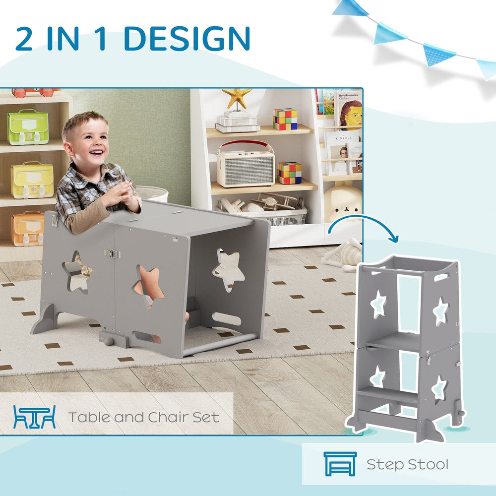 The grey toddler step stool shown in two configurations: as a step stool and as a table and chair set