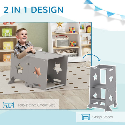 The grey toddler step stool shown in two configurations: as a step stool and as a table and chair set