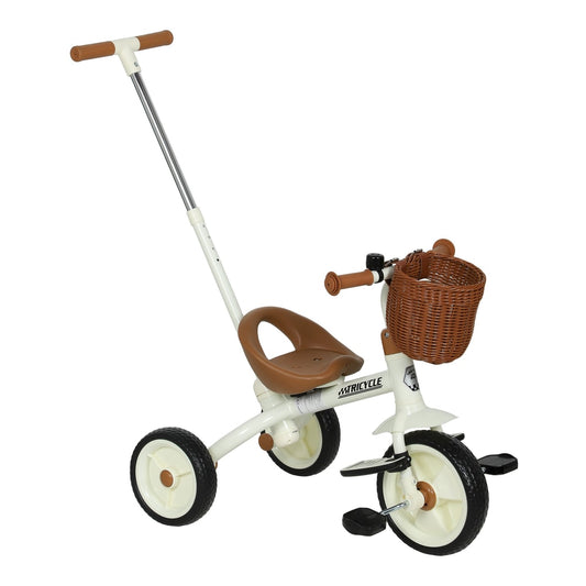 AIYAPLAY 2-In-1 Toddler Trike for 2-5 Years Old in white with a brown seat and front basket