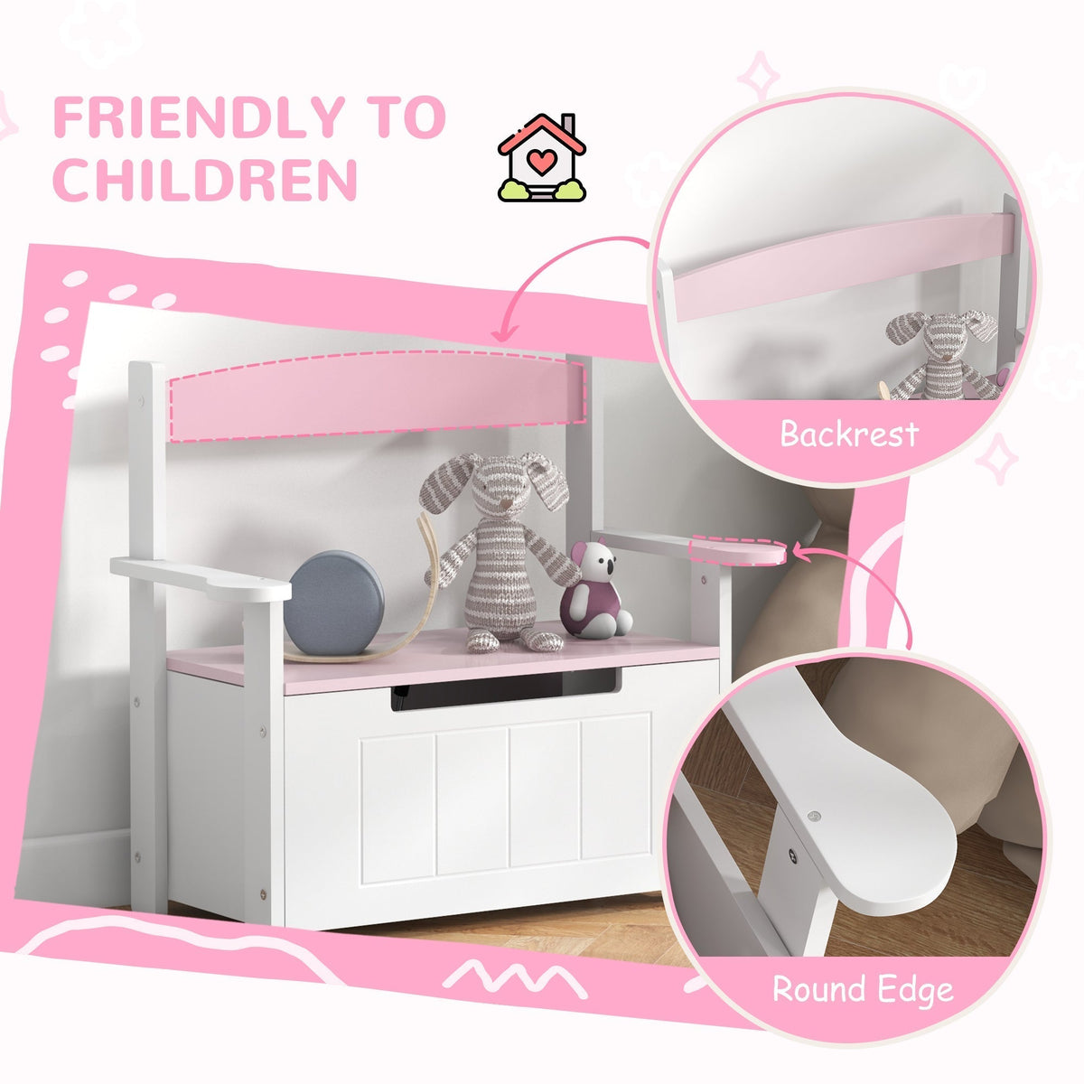 AIYAPLAY 2-in-1 Toy Box, the kids storage bench highlighting the pink backrest and rounded arm edges in circular insets