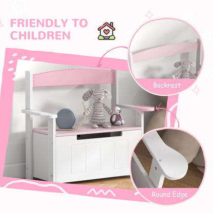 AIYAPLAY 2-in-1 Toy Box, the kids storage bench highlighting the pink backrest and rounded arm edges in circular insets