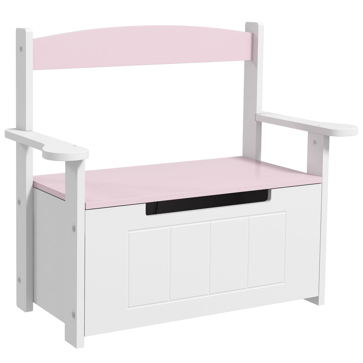 AIYAPLAY 2-in-1 Toy Box in white and pink with a backrest and armrests on a plain white background