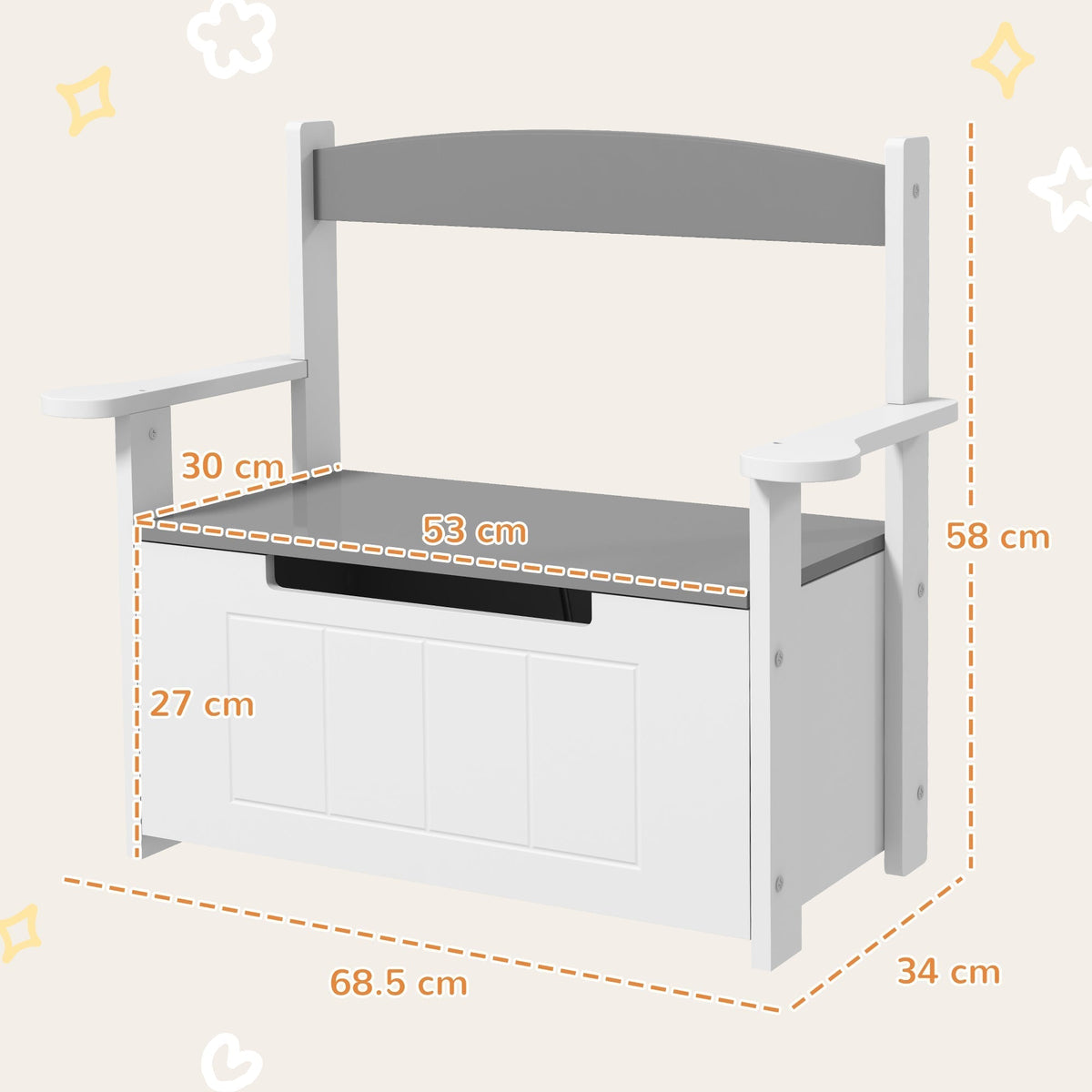 AIYAPLAY 2-in-1 Toy Box, this kids storage bench has dimensions shown in cm