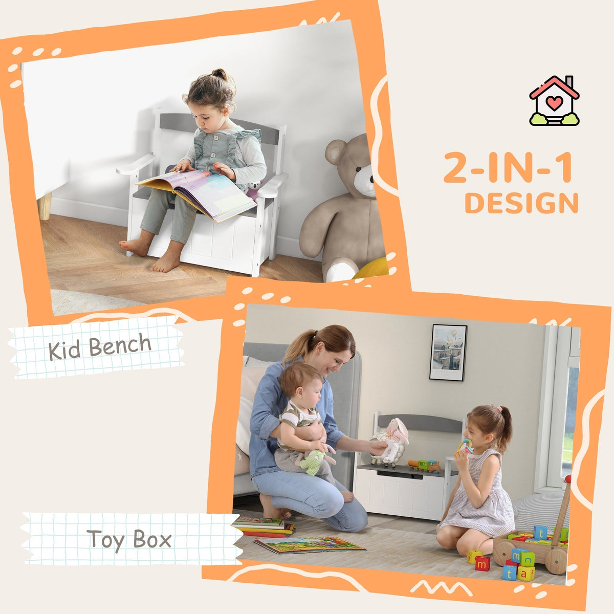 AIYAPLAY 2-in-1 Toy Box, this kids storage bench is shown as a toy box and a kid bench