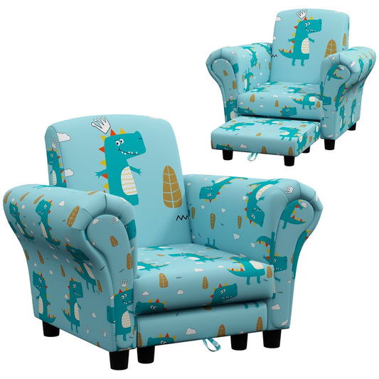 AIYAPLAY 2 Piece Kids Sofa Set with Dinosaur Design, a blue armchair and footstool with a dinosaur pattern