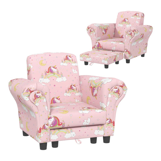 AIYAPLAY 2 Piece Kids Sofa Set with Unicorn Design, a pink armchair and matching footstool with unicorn and rainbow patterns