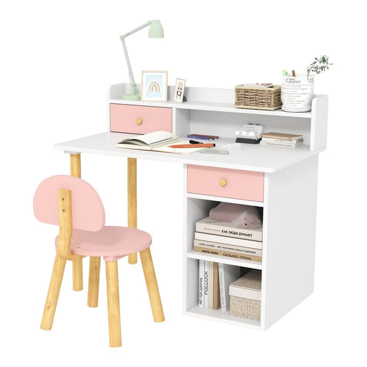 AIYAPLAY 2 Pieces Children Study Table with Hutch in white and pink with a matching chair
