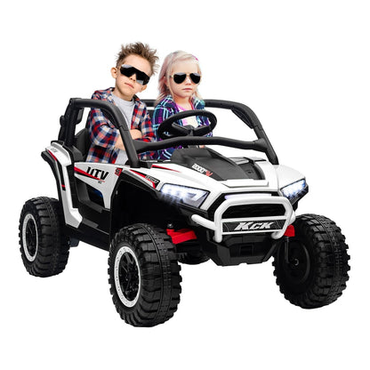 AIYAPLAY 2 Seater 24V 7AH Ride on Truck, a white electric buggy with two children wearing sunglasses