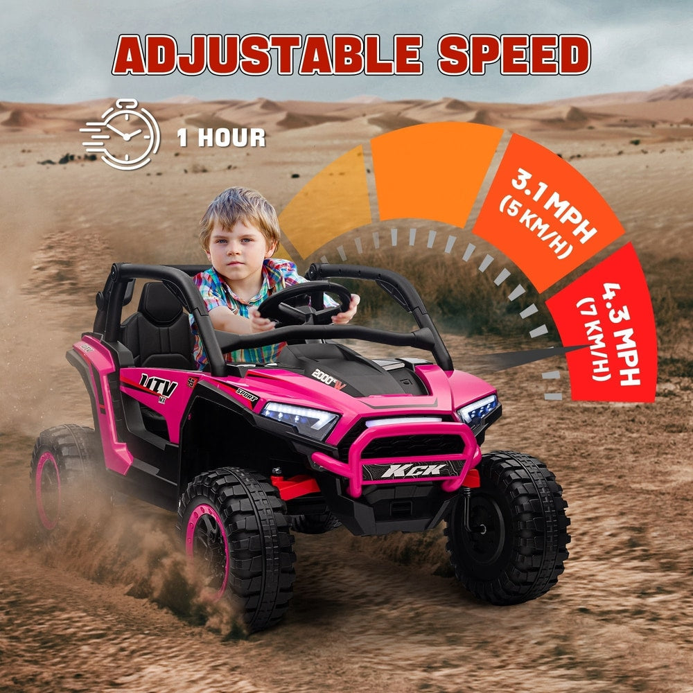The ride on car driving across a desert landscape with a graphic showing speed settings