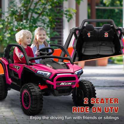 The kids electric vehicle with two children sitting in the two seats labelled one and two
