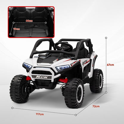 The white kids electric buggy with dimensions shown for length, width and height