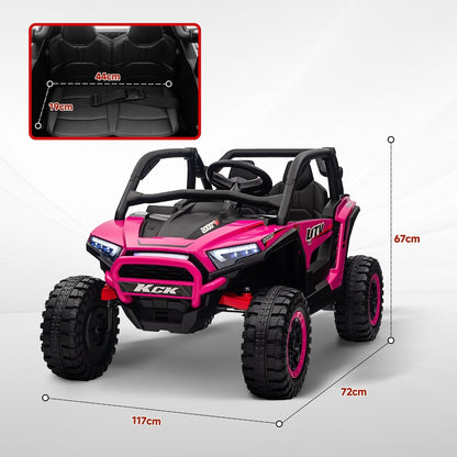 The ride on car shown with dimension lines and a close up of the two seats with seatbelts
