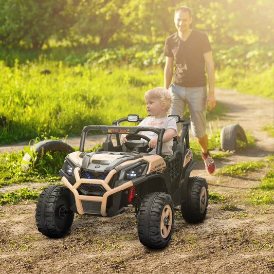 A toddler drives the khaki kids electric car with a man walking behind in a garden