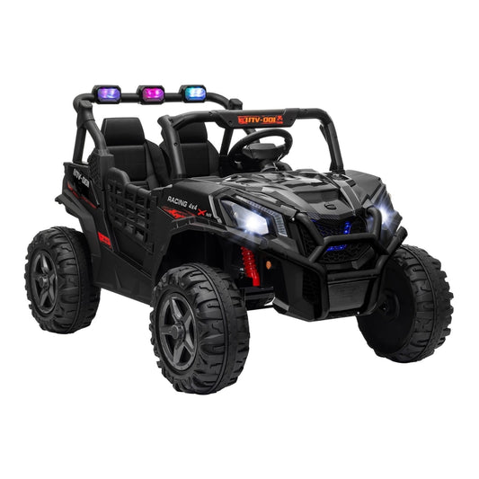 AIYAPLAY 24V 2 Seater Kids Electric Car in black, a rugged off-road style ride-on toy with large wheels and LED lights