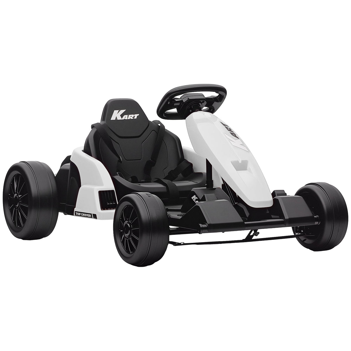 AIYAPLAY 24V Electric Go Kart, a white ride-on car with black wheels and seat