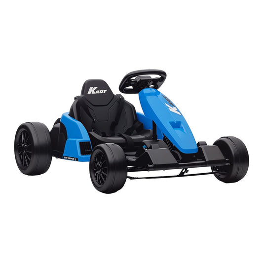 AIYAPLAY 24V Electric Go Kart in blue with a black seat and steering wheel on a white background