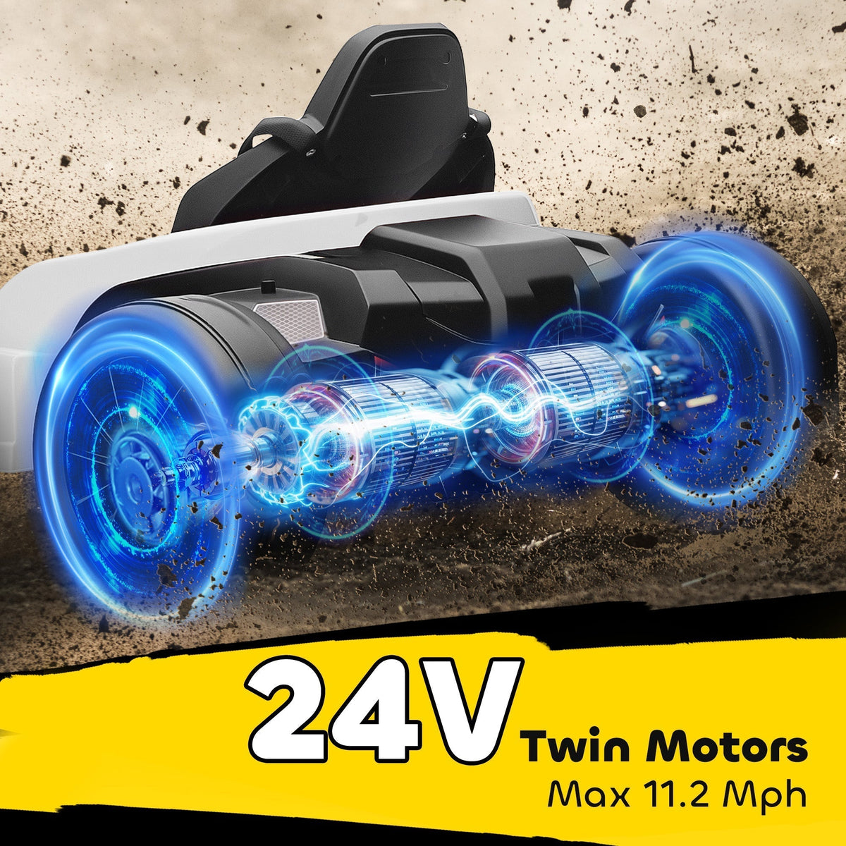 Close up of the twin motors and battery of the electric go kart with glowing blue energy