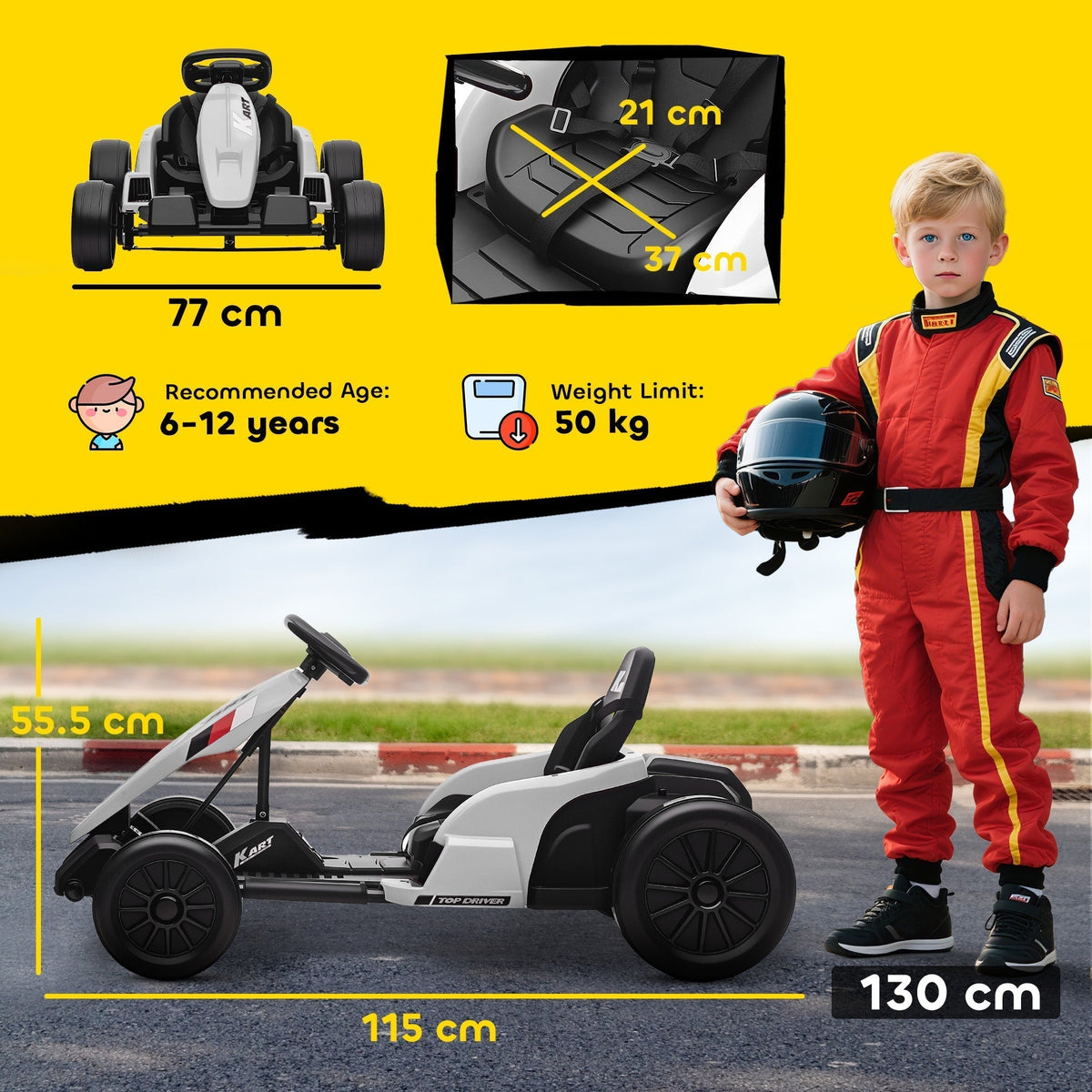 The white kids electric go kart with dimensions and recommended age shown