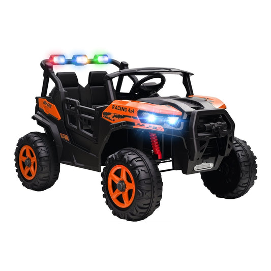 AIYAPLAY 24V Electric Ride on Car, an orange and black two-seater buggy with large wheels and colourful lights