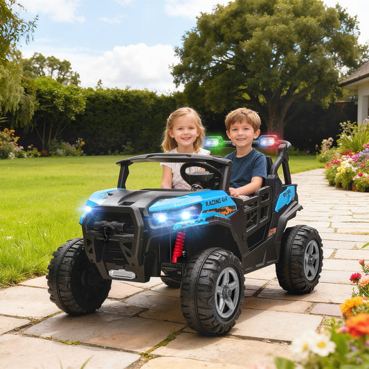 Two children enjoying the blue electric ride-on car in a sunny garden setting
