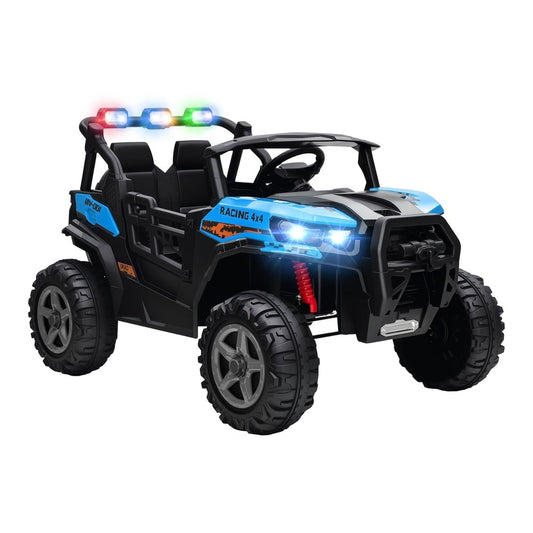 AIYAPLAY 24V Electric Ride on Car in blue with black trim, featuring lights and large wheels